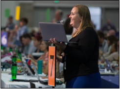 Ashley Love speaks during the report of the Committee on Church Polity and Ordered Ministry.